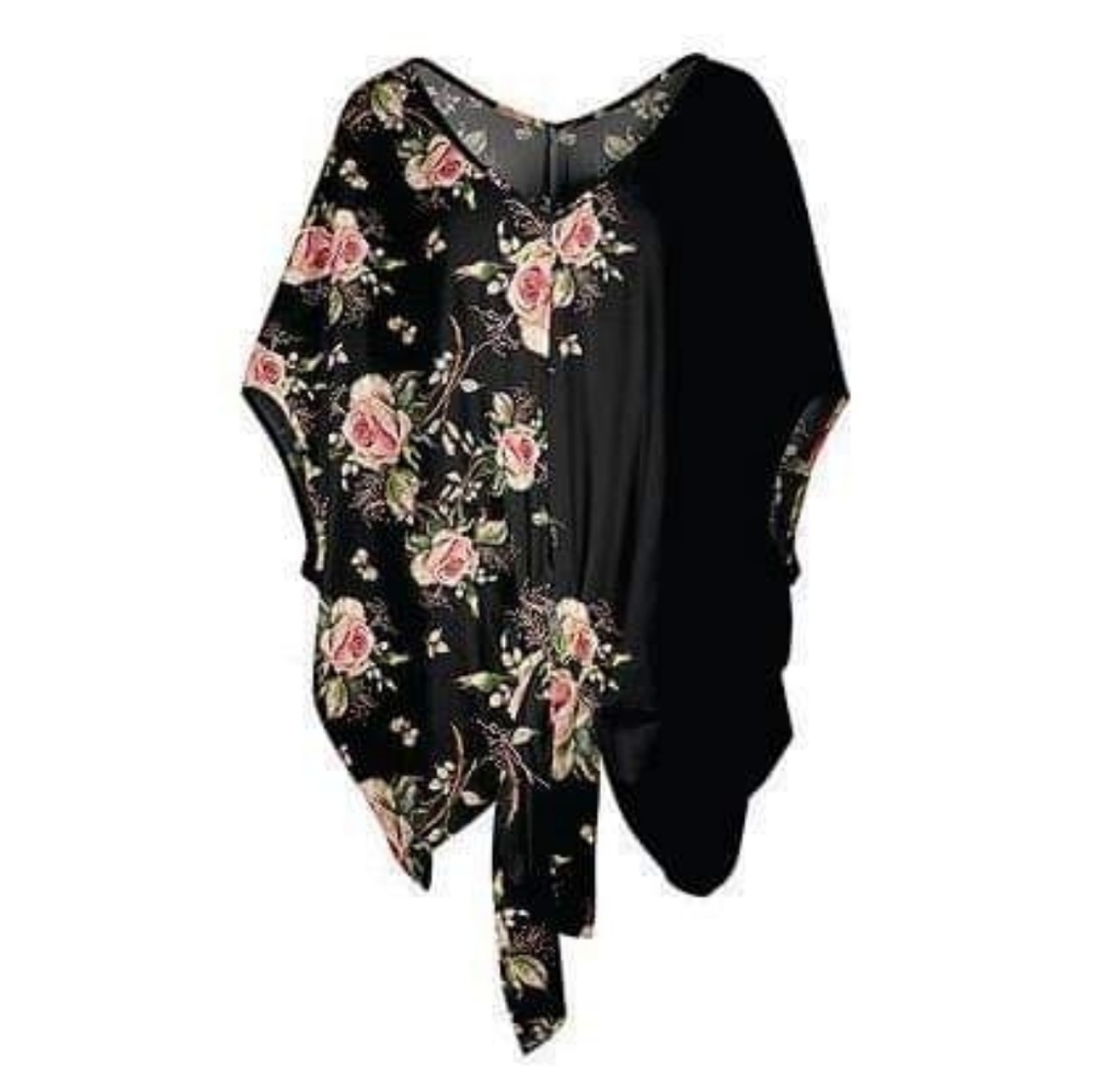 NEW! Black & Rose floral Tie-Front poncho tunic M